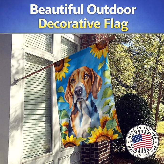 Caroline's Treasures DAC6009CHF American Foxhound in Sunflowers House Flag Large Porch Sleeve Pole Decorative Outside Yard Banner Artwork Wall Hanging, Polyester, House Size, Multicolor