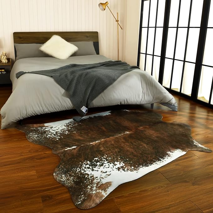 BENRON Faux Cowhide Rug, Cow Print Rug for Living Room Bedroom 4.6x5.2ft | Western cow hide rug for Cowboy Cowgirl Home Decor, Washable Rugs with Irregular Animal Skins and Hides Non Slip, Olive Green