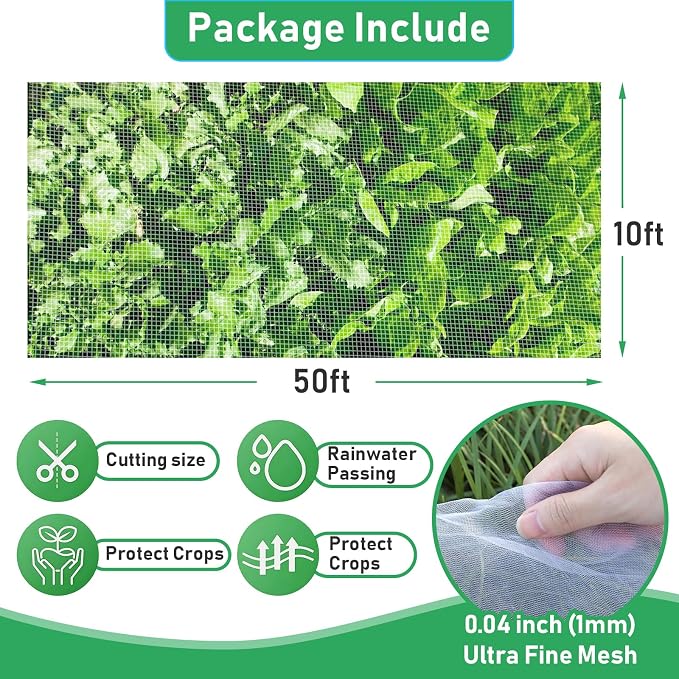 GonLei 10x 50FT Garden Mesh Netting Kit Raised Beds (6 Pcs Garden Hoops & 18 Clips) Garden Hoops Plant Netting Protection Row Covers Berry Bush Truit Trees Vegetables Grass Seed Barrier Net
