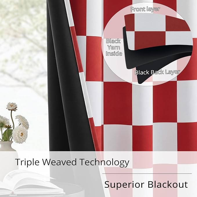 BOMOHOCASA 100% Blackout Checkered Curtains – 2 Panels, Each W52×L96, Thermal Insulated, Nosie Reducing for Bedroom, Modern Cabin Red and White Checkerboard Design