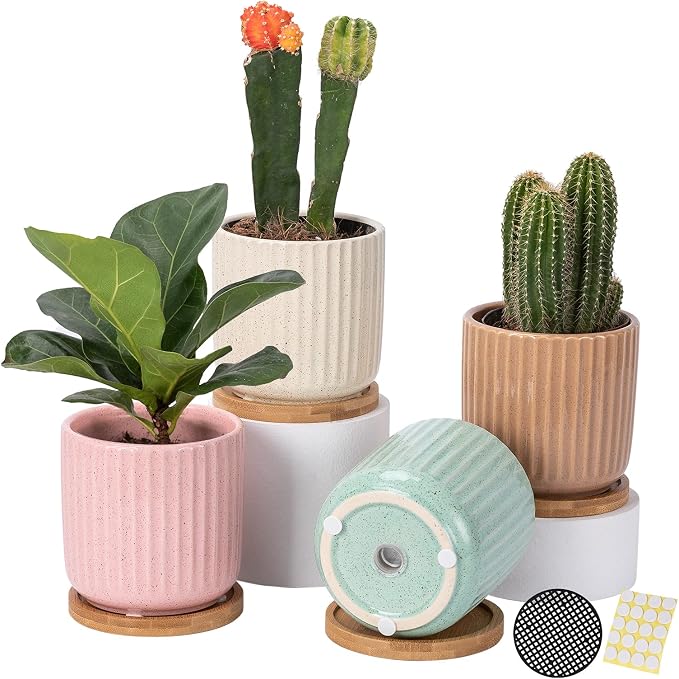 4 Inch Ceramic Plant Pots with Saucer and Drainage Hole | Stripe Multicolor, Small Planters Pot, for Succulent Snake Plants Cactus Herbs, Set of 4