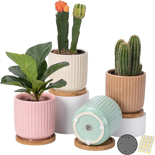 4 Inch Ceramic Plant Pots with Saucer and Drainage Hole | Stripe Multicolor, Small Planters Pot, for Succulent Snake Plants Cactus Herbs, Set of 4