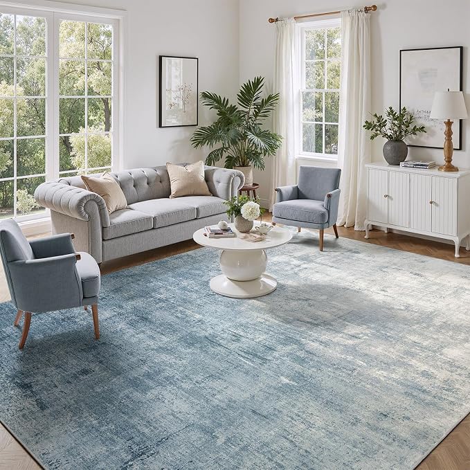 DCX Washable Abstract Area Rug 6x9, Non Slip Low Pile Rug, Blue | Easy to clean, non-shedding, soft, kid & pet friendly, with a non-slip rubber backing for living rooms, bedrooms, and offices