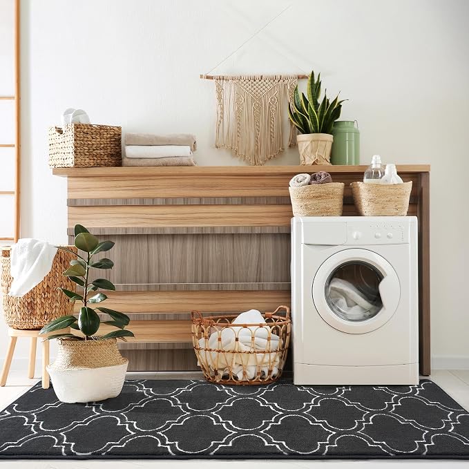 Chicrug 2x6 Shag Geometric Modern Runner Rug for Bedroom Hallway | Memory Foam Indoor Runner Carpet, Fluffy Rug for Living Room Bedside Room for Family, Dark Grey and White