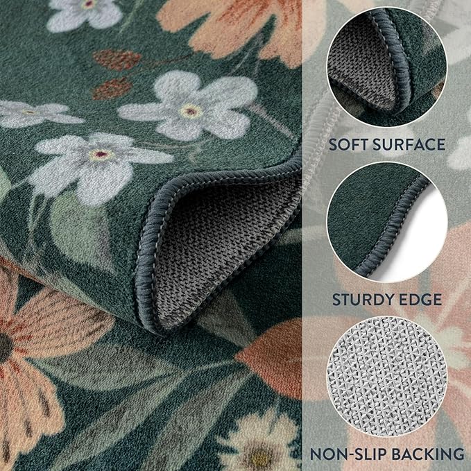 Lahome Floral Washable 6x9 Area Rugs, Soft Bedroom Rug for Living Room | Ultra-Thin Non Slip Dining Room Rug, Stain Resistant Boho Rugs Throw Carpet for Office Flore (6'x9',Dark Green)