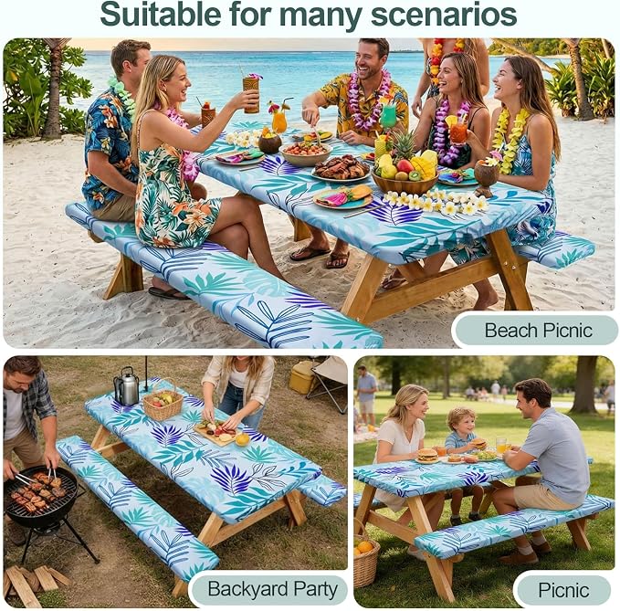 Play Tailor Picnic Table Cover with Bench Covers Camping Essentials Waterproof Windproof Camping Tablecloth with Drawstring Bag, Fitted Rectangle Tables and Seats, 60in, Light Green Blue