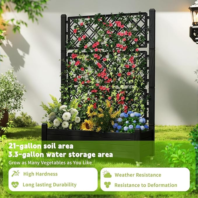 Vixzen 64" Tall Raised Garden Bed,Outdoor Large Resin Planter Box with Trellis and Drain Plug for Climbing Plants,Easy to Assemble,Water Monitor,Mobility(Black, 43.43"×18.27"×64.29")