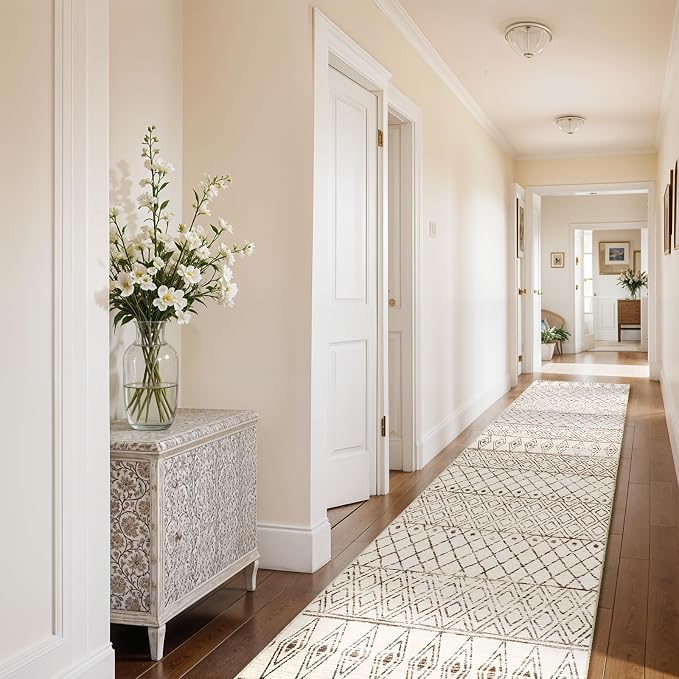 2'6"x12' Hallway Runner Rug Moroccan: Machine Washable Runner Rugs Beige | Low Pile Geometric Rug with Rubber Backing Soft Long Floor Mat Non Slip Vintage Indoor Carpet for Bedroom Entryway