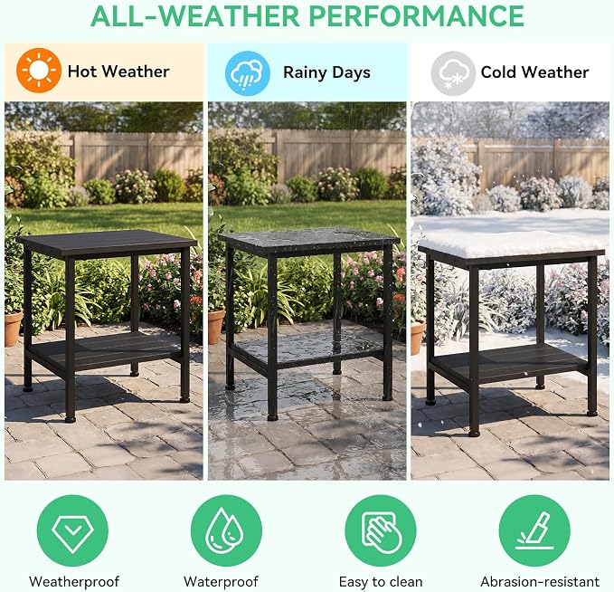 Outdoor Side Table Black, 2-Tier Storage Small Patio Table for Garden | Outdoor End Table, Low Maintenance, Weather Resistant, Balcony Table, for Outside or Indoor, for Balcony, Poolside, Porch