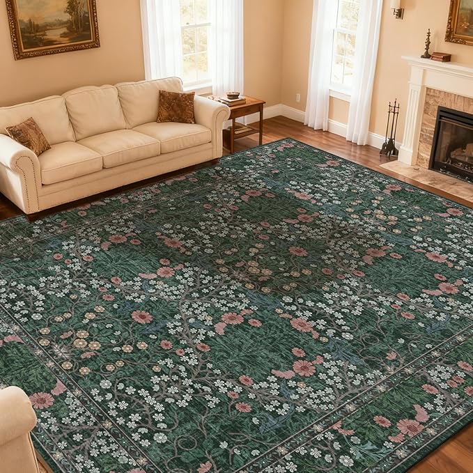 Area Rug for Living Room, 10x12 Large Washable Rugs for Dining Room, Bedroom, Non Slip Stain Resistant Carpet, Low Pile Vintage Floral Rug (Green)