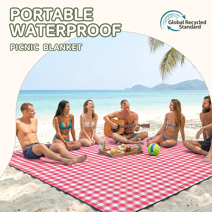 Genovega Waterproof Picnic Blanket Beach Outdoor Camping Mat Rug Extra Large Foldable Cute Big Travel Essential Accessories Gift Park Patio Lawn Garden Grass Ground Music Festival Must Have Checkered