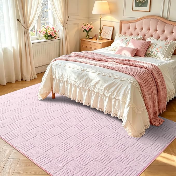 5x7 Pink Washable Shag Area Rug for Girls Bedroom, Modern Geometric Non Slip Living Room Rugs, Fluffy Soft Thick Carpet for Kids Room, Dorm, Office, and Home Decor