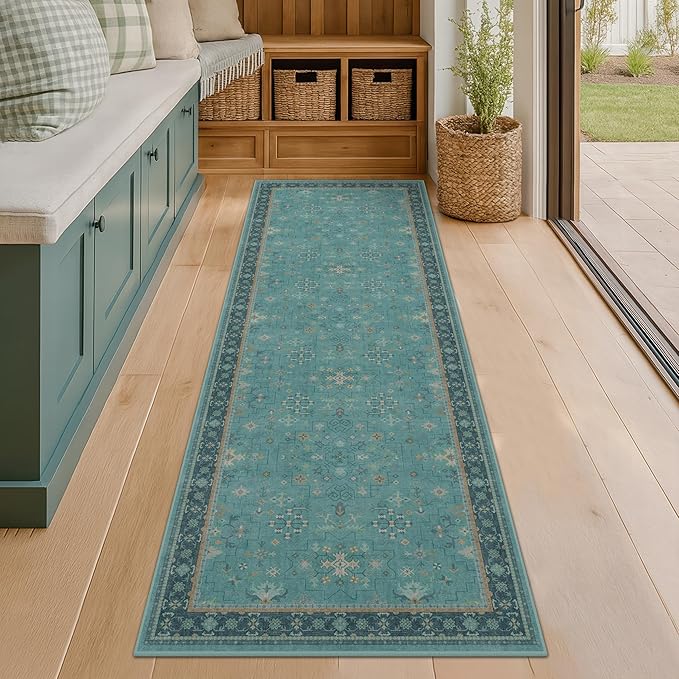 Boho 2x7 Long Non Slip Kitchen Rug Runner - Teal Washable Rug for Bathroom, Hallway, Door Mats Indoor Entrance,Non Slip with Rubber Backing, Vintage Floral Indoor Décor