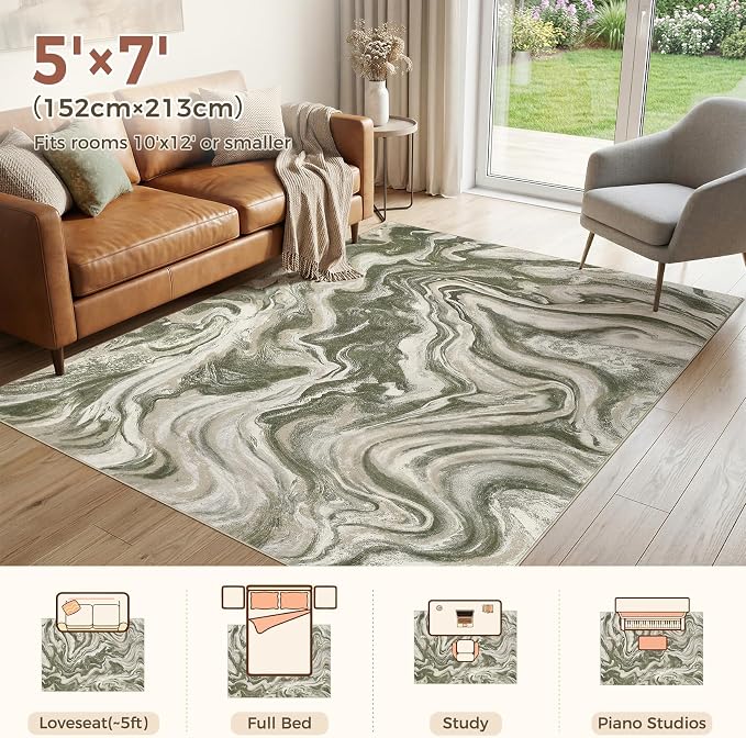 DMOYEST 5x7 Area Rug for Living Room Washable Abstract Indoor Carpet | Neutral Modern Low Pile Rugs Kid & Pet Friendly Soft Thin Carpet for Bedroom Dining Room and Office - Olive Green