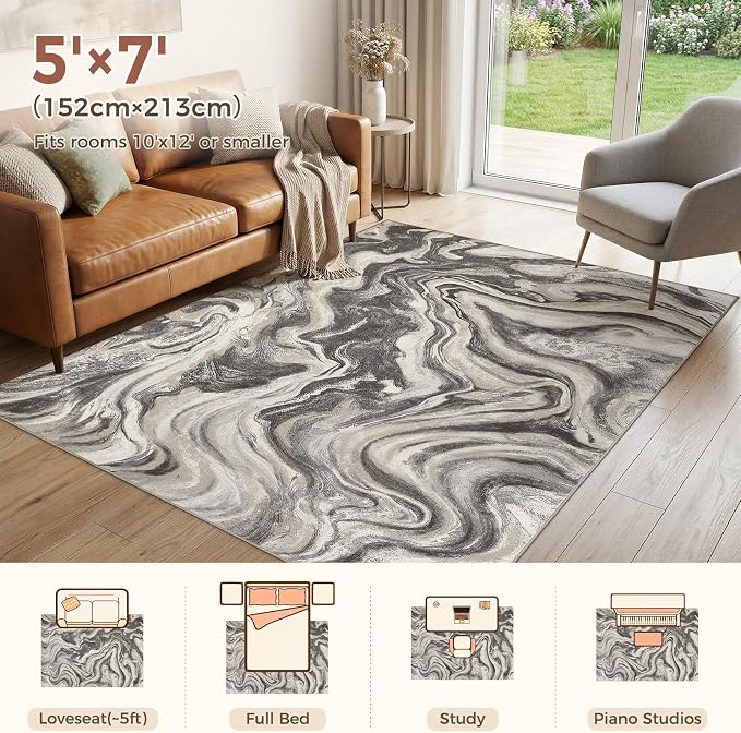DMOYEST 5x7 Area Rug for Living Room Washable Abstract Indoor Carpet | Neutral Modern Low Pile Rugs Kid & Pet Friendly Soft Thin Carpet for Bedroom Dining Room and Office - Ash Grey