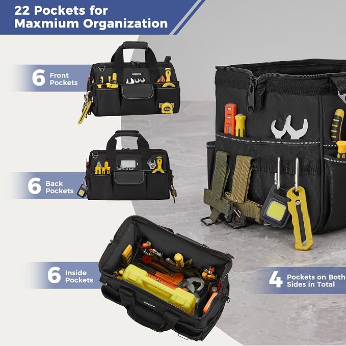16-Inch Heavy Duty Tool Bag, 22 Pockets Empty Tool Box Organizer Storage, Soft Tote Toolbox Organization Portable Handle Carrying Work Toolbag for Electrician Mechanic, Dad Men Gifts, Black