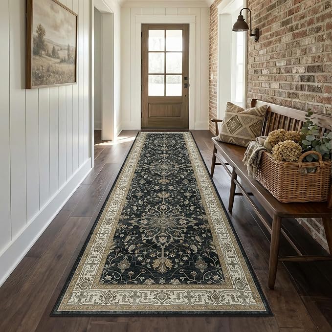 RELEANY Washable Area Rug, Runner 2'6"x8', Black/Vintage/Beige | Non-Slip, Water Repellent, Pet Friendly, Easy to Clean, Vintage Floral Boho Decor for Kitchen Entry Bedroom Bedside Laundry
