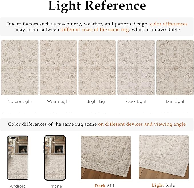 9x12 Beige Neutral Living Room Area Rug | Washable, Low Pile, Accent, Vintage, Soft, Non Slip, Large Carpet for Bedroom Dining Room Nursery Indoor Home Decor
