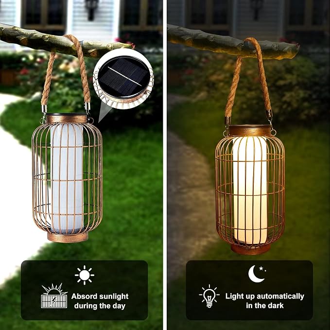 pearlstar Large Solar Powered Lantern Outdoor-Heavy Duty Metal Hanging Lights Decorative Solar Table Lamp Waterproof for Outside Patio Yard Garden Porch Tabletop Decor (Copper)