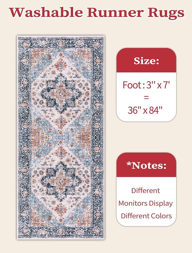 SERISSA 3x7 Washable Non Slip Boho Runner Rug for Hallway，Blue Orange | Ultra Soft Vintage Oriental Carpet Low-Pile Distressed Tribal Floor Carpet for Kitchen Bedroom Entryway Laundry Room