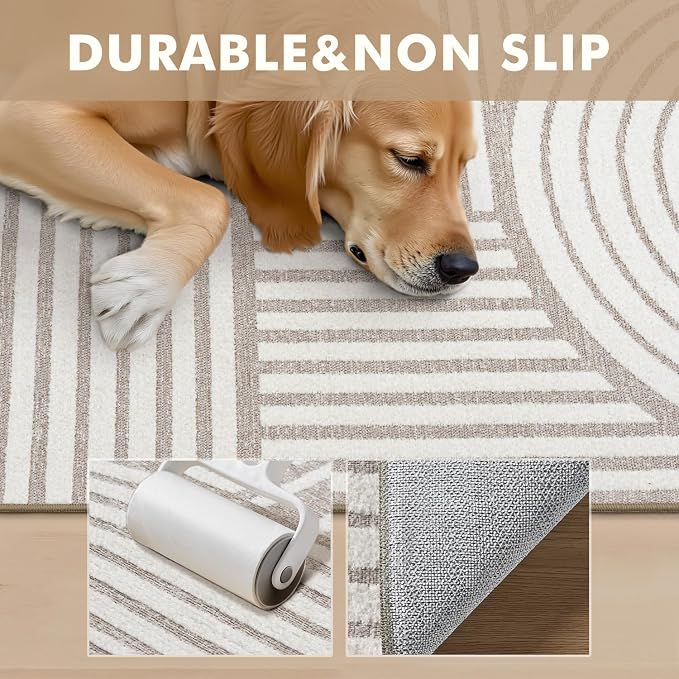 Beige Neutral 9x12 Area Rugs Textured Tufted Rugs for Living Room Bedroom Rug-Carpet Cream Ivory Washable Geometric Moroccan Modern Rug