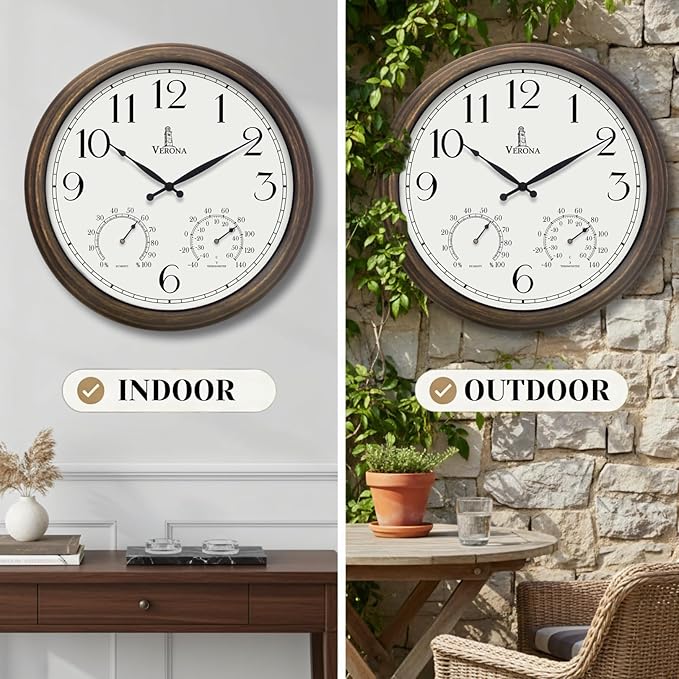 Large Outdoor Clocks for Patio - Waterproof, Accurate & Easy to Read - 24 inch Indoor Outdoor Wall Clock with Thermometer, Temperature and Humidity Combo - Weatherproof for Pool, Garden & Home Decor