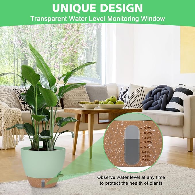 Self Watering Planter for Indoor Plants, 12" 10" 9" 8" Plastic Large Flower Pot Set with Water Level Indicator Deep Reservoir Saucer, Big House Bottom Watering Plant Pots with Drainage Hole - Green
