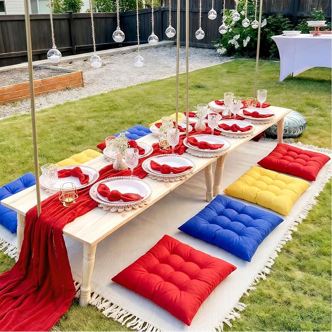 Extra Large Outdoor Picnic Blanket with Table Runner and Floor Pillow Cushion for Picnic Wedding Birthday Baby Shower Backyard Decor(91 x 71'',Deep Blue,Red,Lemon Yellow,8 Pcs)