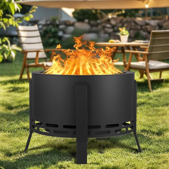 26 Inch Smokeless Outdoor Fire Pit, Outdoor Firepit Table with Removable Ash Pan,Bamboo Lid, Rainproof Cover,Portable Metal Firepit for Patio, Backyard, Camping