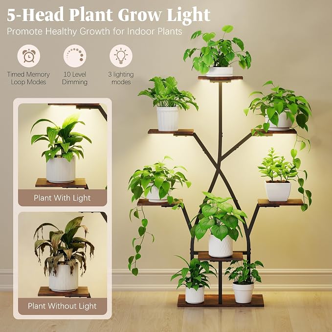 Quikraen Plant Stand Indoor with Grow Lights,50" Plant Shelf Corner Lighted Plant Stands for Indoor Growing,7 Tiered Large S-Shape Metal Display Shelves Plant Rack for Home Decor Patio Balcony
