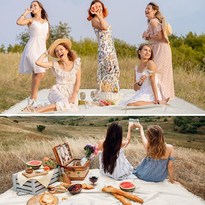 Hahafelt Extra Large Outdoor Picnic Blanket Oversize Beach Woven Cotton Yarn Blanket with Fringe Machine Washable Sandproof Portable for Spring Summer Camping Beach Park (Beige)