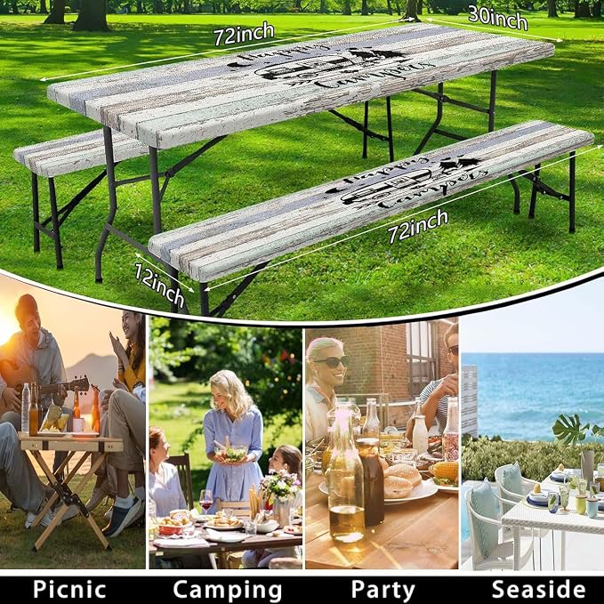 Picnic Table Cover with Bench Covers Elastic Edges, Outdoor Patio Camping Essentials 72 Inch 3PCS, Wooden Camper Fitted Table Cover, Waterproof Rectangle Tablecloth with Drawstring Bag,Grey