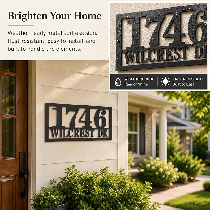 Custom Metal Address Sign Personalized House Number Plaque with Street Name for Outside Home Modern Black Address Numbers Sign for Front Porch Entryway Fence Gate Mailbox Wall Decor