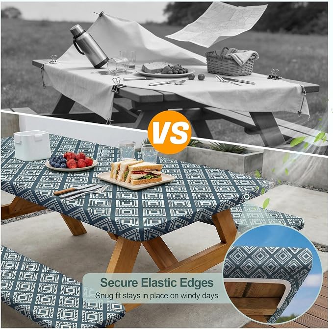 Play Tailor Picnic Table Cover with Bench Covers Camping Essentials Waterproof Windproof Camping Tablecloth with Drawstring Bag, Fitted Rectangle Tables and Seats, 72in, Blue Green Plaid