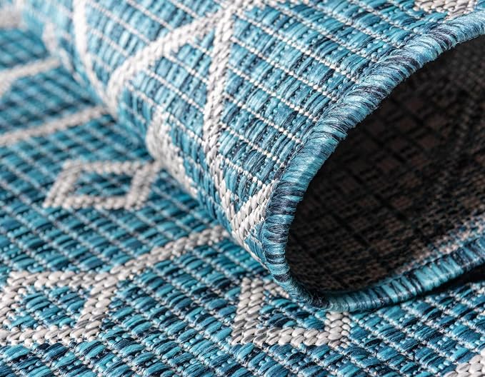 Unique Loom Outdoor Trellis Collection Area Rug - Tribal Trellis (8' x 11' 4" Rectangle, Teal/ Ivory)