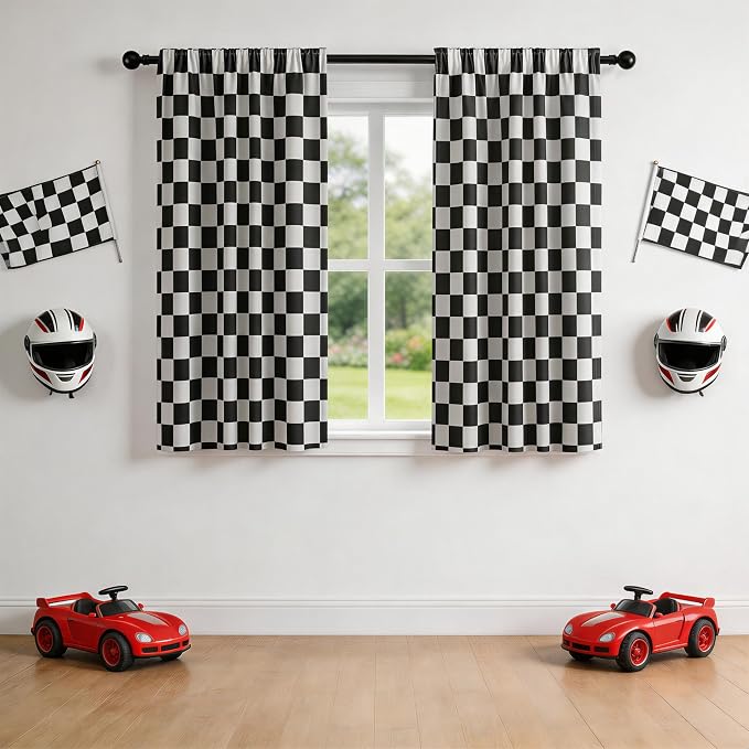Rod Pocket & Back Tab Checkered Curtains, 100% Blackout, Race car Flag Checkerboard Curtains, Thermal Insulated, Noise Reducing, 3-inch Checkered, 2 Panels, Each W42×L54