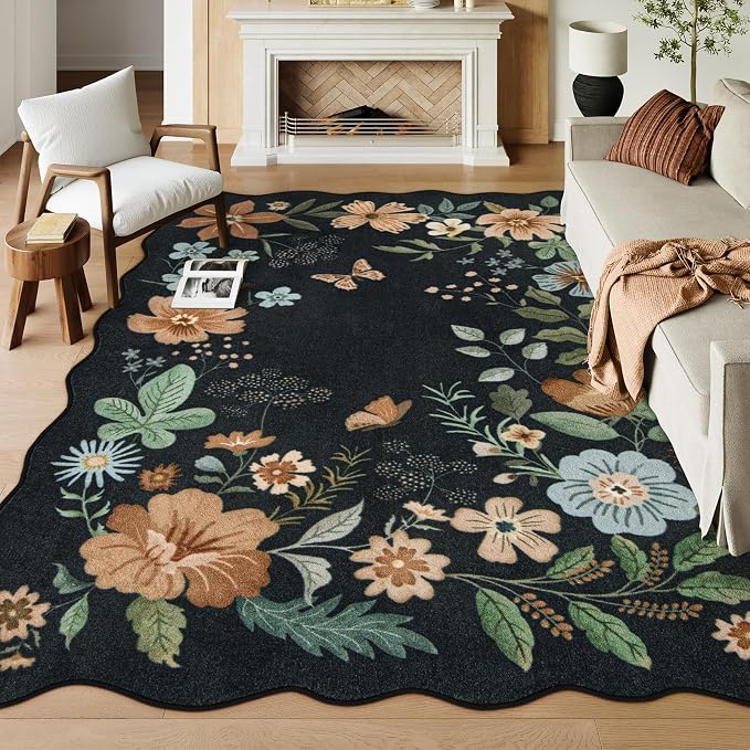 Lahome Floral 9x12 Area Rugs for Living Room, Soft Washable Bedroom Rugs | Non Slip Stain Resistant Ultra-Thin Boho Dining Room Rug Flore Accent Carpet for Office (9x12ft, Black/Grey)