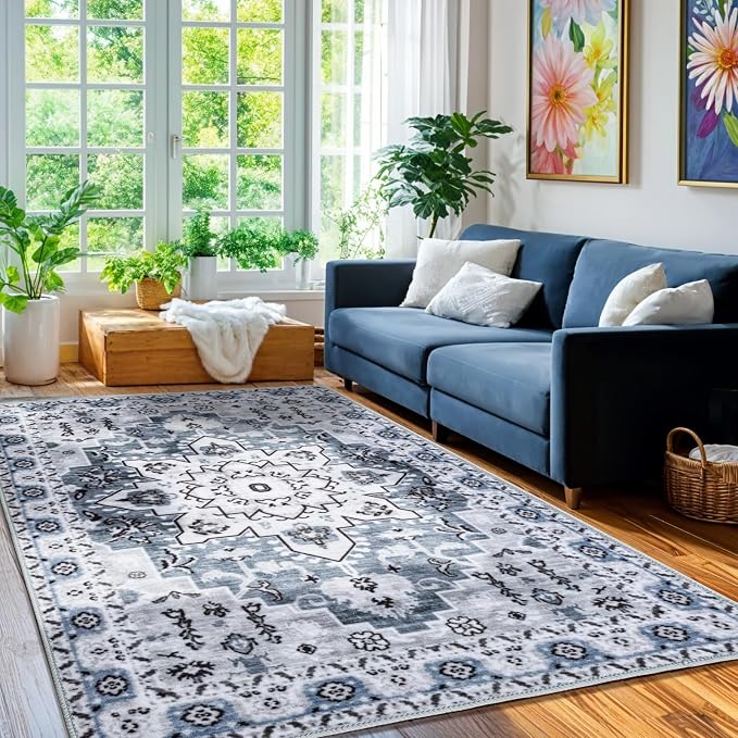 LBRO2M Machine Washable Rug Soft Pet Friendly Carpet 5X7 Blue | Persian Rug 5X7 for Living Room, Bedroom, Dining Room, Home Office, Non Slip Carpet, Foldable Stain Resistant Rugs