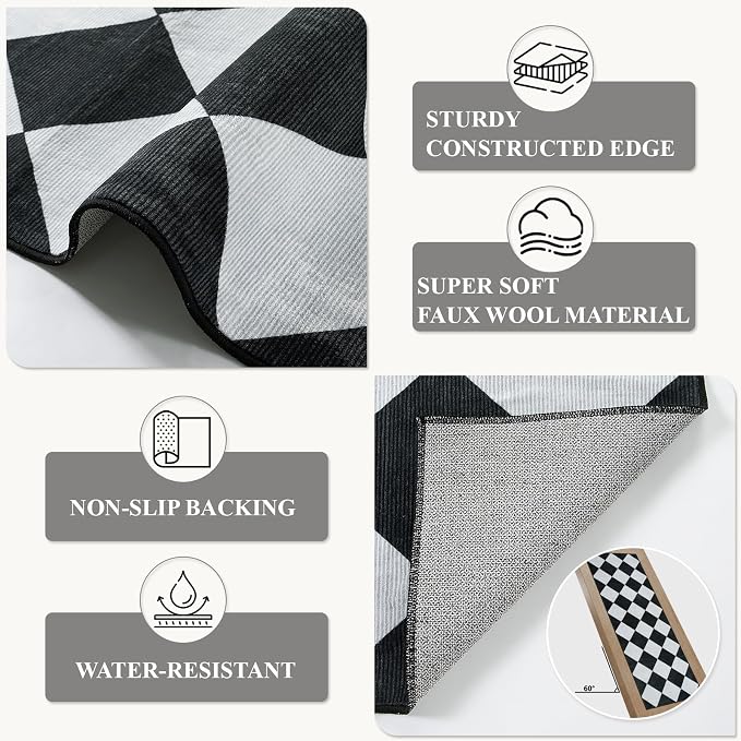 Beeiva Checkered Print Black Bathroom Runner Rug 2x6, Washable Ultra Thin Non Slip Laundry Room Rug Moroccan Stain Resistant Kitchen Runner, Modern Trellis Carpet for Hallway Bedroom Entryway Decor