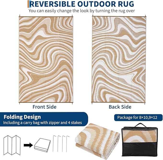 Garvee Porch Rugs Outdoor Waterproof 8x10 Outdoor Camping Rug, Modern Plastic Straw Rugs with Portable Bag, Reversible UV Resistant Outside Rug for Picnic Backyard Deck RV Balcony Camper, Light Brown