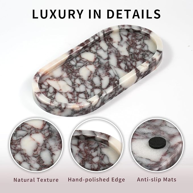 Violet Marble Oval Tray - Stone Decorative Perfume Trinket Jewelry Dish, Catchall Organizer for Bathroom Vanity Dresser Kitchen Countertop Home Decor