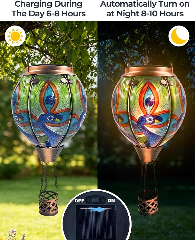 Hot Air Balloon Solar Lantern with Flickering Flame, Glass Hanging Garden Lights Outdoor Waterproof for Tree Yard Patio Mother's Day Gift (Peacock)