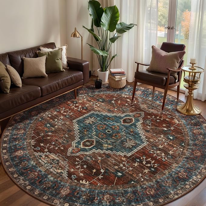 Tangsoo Oriental Round Area Rugs 5ft, Washable Non Slip Circle Rug | Vintage Low Pile Circular Rugs,Boho Round Carpet for Bedroom Living Room Dining Room Nursery Dorm Office Rust/Blue Home Decor