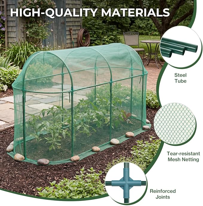 Aoodor 10 x 3 x 5 Ft Plant Protection Grow Tent Arched Roof Crop Cage with Side Netting Zippered Door for Protect Plants, Herbs, Fruits, Green
