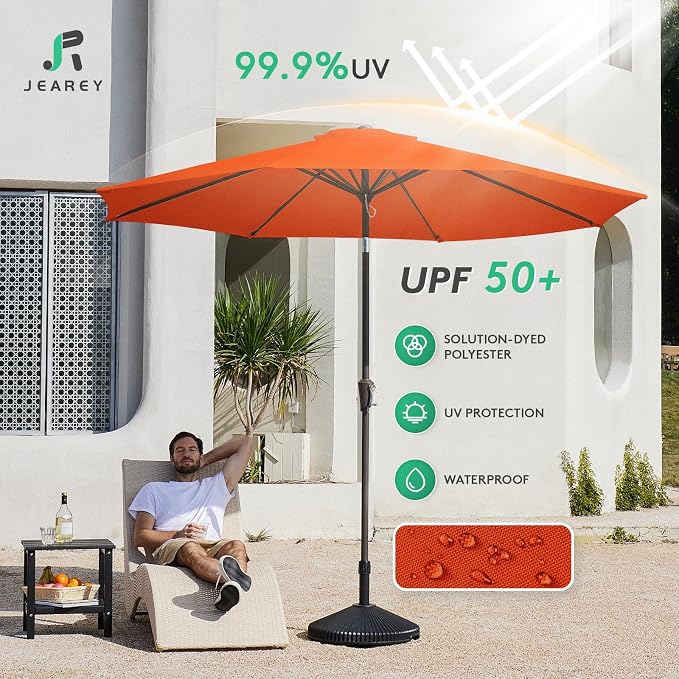 JEAREY Outdoor Patio Umbrella 9FT Outdoor Table Umbrella with Push Button Tilt and Crank, Market Umbrellas 8 Sturdy Ribs UV Protection Waterproof for Garden, Deck, Pool (Red Orange)