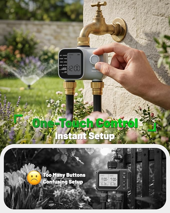 [2026 Upgrade] 2 Zone Sprinkler Timer with Brass Inlets & Outlets, Unistyle Programmable Water Timer for Garden Hose, IP55 Waterproof Hose Timers with Manual Irrigation Timers for Yard and Lawn Patio