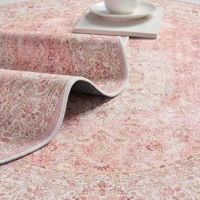 Latte&Fog 4ft Pink Round Area Rug for Girl Bedroom Washable Cute Circle Rug | Non Slip Low Pile Soft Floral Small Carpet for Kids Playroom Nursery Classroom Dorm Decor Dining Kitchen Farmhouse Office