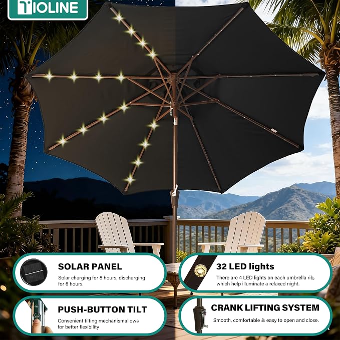 9FT Solar-Powered LED Patio Umbrella with Tilt Crank,Outdoor Market Umbrella with 32 Lights,Sunshade for Deck, Garden and Pool