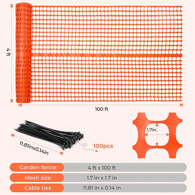 Ohuhu 15LB Ultra Thick Plastic Mesh Safety Fence, 4'×100' Reusable Construction Barrier Netting, Heavy Duty Temporary Netting for Garden Fence Snow Fence Pool Animal Barrier for Poultry Deer Orange
