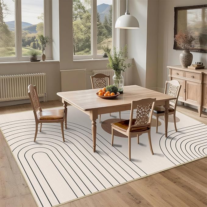 Area Rug 6x9 Boho Modern Minimalist Geometric Abstract Rug Neutral Beige Mid Century Modern Rug for Living Room Machine Washable Non-Slip Printed Low Pile Indoor Carpet for Bedroom Dining Room Office
